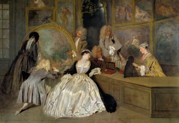 A escolha. Detalhe certo do sinal de Gersaint. Personagens em uma loja de arte escolhendo as obras que eles querem comprar. Edme Francois Gersaint (1694-1750), comerciante de pintura cuja galeria está localizada em Paris, na ponte Notre-Dame. Pintura de Je