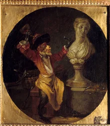 O macaco escultor. O animal na posição do homem. Pintura de Jean Antoine Watteau (1684-1721)