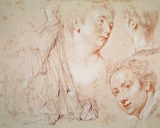 Três cabeças e uma mulher sentada, c.1716 (crayon com giz preto e vermelho no papel)