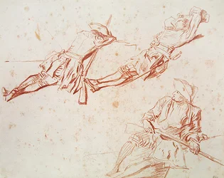 Três soldados de descanso, 1709 (giz vermelho sobre papel)