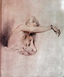 Mulher nua, braço levantado. Desenho a sanguínea de Jean-Antoine Watteau (1684-1721), século XVIII. 0,28 x 0,23 m. Paris, Musée du Louvre