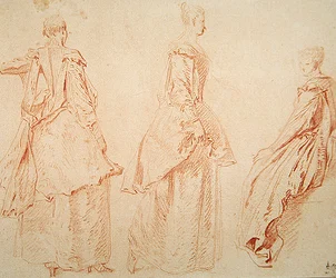 Três mulheres, uma sentada à direita (giz vermelho sobre papel)
