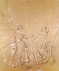 Condessa Charles d&39;Agoult (1805-76) e sua filha Claire d&39;Agoult, maio de 1849 (lápis com giz branco sobre papel)