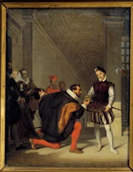 Don pedro de Toledo, embaixador de Filipe II beijando a espada de Henrique IV (1553-1610). Escadaria Henrique II no Louvre. Pintura de Jean Auguste Dominique Ingres (1780-1867) Sol do século XIX. 0,36x0,28 m - Don Pedro de Toledo, Embaixador de Filipe II,