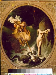 Roger delivrant Angelique Angelique (Angelica) é libertado por Roger (Ruggero, Ruggiero) cavalga sobre um hipocampo - Ilustração da X Canção de "Furious Roland" (Orlando furioso) de Ludovic Ariosto (Arioste) - Pintura de Jean Auguste Dominique Ingres (178