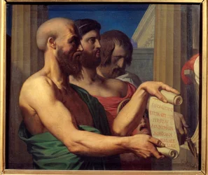 Os trágicos Retratos gregos dos dramaturgos Aschylus (525-456 AC), Sophocles (495-406 AC) e Eurípedes (480-406 AC). Pintura de Jean Auguste Dominique Ingres (1780-1867) 1866 Angers, Musee des Beaux Arts