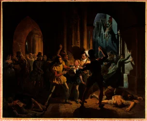 Maximiliano de Bethune escapando do massacre de São Bartolomeu. Maximiliano de Bethune (que se tornou duque de Sully 1559-1641), criado no colégio de Borgonha em Paris, foi salvo por Henrique de Navarra (1553-1610) (então rei Henrique IV) e tornou-se seu c