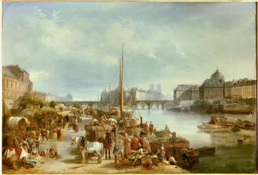 Vista do porto Saint Nicolas Localizava-se perto da Pont Neuf em Paris. Pintura de Jean Auguste Garneray (1778-1845) 1834 Sol. 0,8x1,18 m Paris, Musée Carnavalet