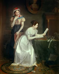 A resposta à carta Uma jovem mulher apressa-se a responder à carta do seu amante - Pintura de Jean Augustin (Jean-Augustin) Franquelin (1798-1839) Século XIX Sol 0,46x0,38 m