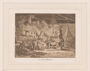 Interior de um celeiro com duas figuras em um banco e um homem perto de um incêndio La Lampe Polonoise (título no objeto)