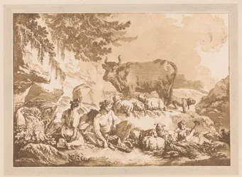 Sátiros de repouso entre ovelhas e uma vaca numa paisagem