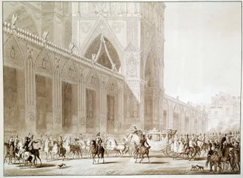 A chegada em carroça do Imperador Napoleão I (1769-1821) e Impressionar Josefina de Beauharnais (1763-1814) na Catedral Notre Dame de Paris no Dia da Gravura Sagrada depois de "O Livro do Sagrado" de Jean Baptiste Isabey (1767-1855) Século XIX