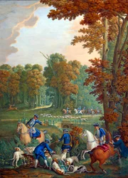 Placa representando as caçadas de Luís XVI: o revezamento no cruzamento da Embrassade na floresta de Compiegne" ou "manobrista desacoplando a velha alcateia". Pintura de porcelana de Charles Etienne Leguay (1762-1846) de Jean Baptiste Oudry (1686-1755). Fe