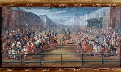 O pomposo carrossel das galantes amazonas das quatro partes do mundo dado por Luís XIV em frente aos Tuileries em 5 de junho