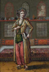 "Retrato de femme de la noblesse de Constantinople chaussee de chaussures de hammam" (Uma nobre senhora de Constantinople usando sapatos Hammam) Pintura da escola de Jean Baptiste Vanmour (Van Mour) Óleo sobre tela, 25,5x18 - Colecção Privada