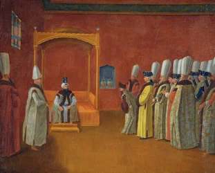 Sultão Ahmed III (Ahmet III) (1673-1736) Recebendo uma delegação do embaixador europeu no Palácio Topkapi par Vanmour (Van Mour), Jean-Baptiste