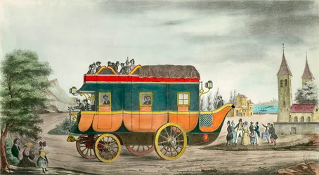 O carro (ou diligência) tem vapor: invenção francesa de 1835. Gravura de Ange Tissier (1814-1876). 1835. Coleção privada
