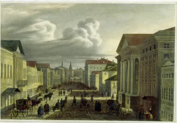 Rua Tverskaya em Moscovo. Trabalho de Auguste Jean Baptiste Antoine Cadolie (1782-1849), litografia, colorido em aguarela