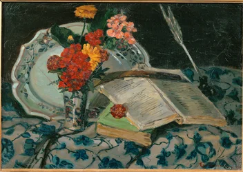 Natureza morta: flores, faiança, livros (pintura sobre tela)