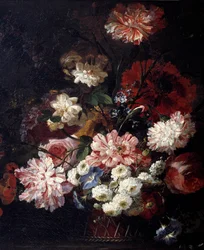 Cesto de flores sobre uma mesa Pintura de Jean Blin (ou Blain ou Belin) de Fontenay (1653-1715) Sol do século XVII. 0,46x0,55 m