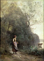 Uma camponesa pastando uma vaca na borda de uma floresta, c.1865-70