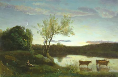 Um lago com três vacas e uma lua crescente, c. 1850