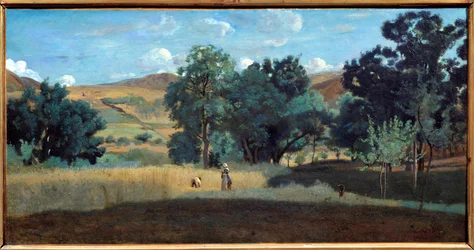 Um campo de trigo na Morvan em 1842 Pintura de Camille Corot (1796-1875) 1842 Sol. 0,38x0,75 m Lyon, Musee des Beaux Arts
