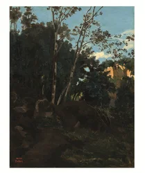 Bosque de árvores entre as rochas de Civita Castellana (óleo sobre papel assente em lona)