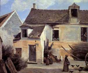 Pátio de uma casa de camponeses perto de Paris Pintura de Camille Corot (1796-1875) Sol do século XIX. 0,46x0,56 m Paris, Musee d