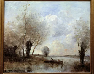 Pesca num barco junto aos salgueiros, pintura de Camille Corot (1796-1875), século XIX, Reims, Museu de Belas-Artes
