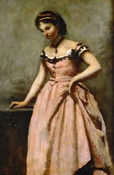 Rapariga de vestido cor-de-rosa com rosas e uma pérola ...