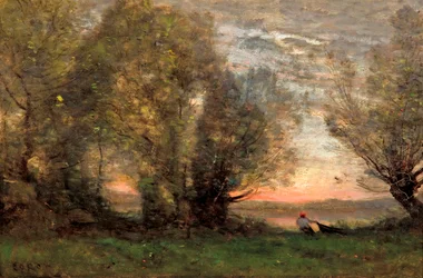 "The fisherman, evening effect Painting by Jean-Baptiste Camille Corot (1796-1875) - ca 1860-1870 - Oil on canvas Dim 27,7x41,4 cm Art Gallery of South Australia