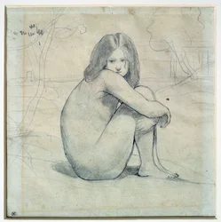 Menina sentada numa paisagem Desenho a lápis e tinta preta de Camille Corot (1796-1875) Sol do século XIX. 0,22x0,26 m Paris, Musee du Louvre