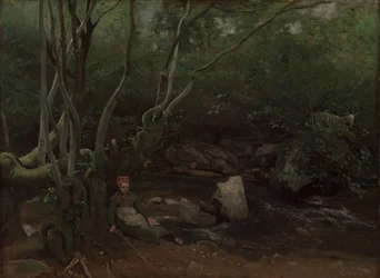Lormes: Garota-cabra sentada ao lado de um riacho em uma floresta