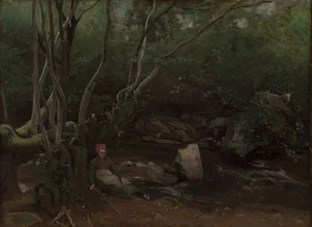 Lormes: Cabra-menina sentada ao lado de um riacho numa floresta