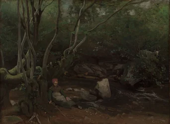 Lormes: cabra-garota sentada ao lado de um riacho na floresta, 1842.