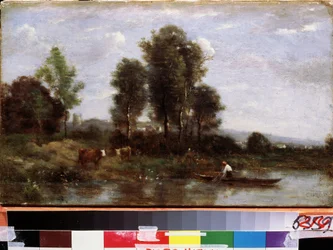 ""Paysage a la riviere"" (Paisagem com um rio) Pintura de Camille Corot (1796-1875) Museu de Arte do Extremo Oriente do século XIX, Khabarovsk, Rússia