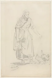 Galinhas de alimentação da menina do camponês, 1800s.
