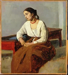 Mulher sentada em saia marrom