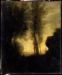 Cabra sentada a tocar flauta numa clareira. Pintura de Camille Corot (1796-1875)