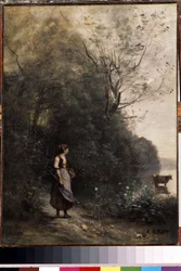 ""Uma pastora e seu rebanho de vacas à beira de uma floresta"" (Pastora com uma vaca à beira da floresta) Pintura de Camille Corot (1796-1875) 1865-1870 Dim. 47,5x35 cm Museu da ermida , São Petersburgo