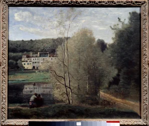 Vista da Cidade de Avray, O Lago e Casa Cabassud Pintura de Camille Corot (1796-1875) 1840 Monges de escrivaninha, Centro de Arte