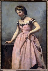 Menina com Pintura de Vestido Rosa de Camille Corot (1796-1875) Sol do século XIX. 0,46x0,32 m Paris, musee d