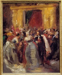 Fato de baile no palácio das Tuileries: Napoleão III (1808-1873) e a Condessa de Castiglione (1837-1899, famosa cortesã italiana) (Virginia Elisabetta Luisa Carlotta Antonietta Teresa Maria Oldoini). Pintura de Jean Baptiste (Jean-Baptiste) Carp