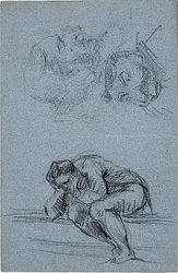 Figura sentada com a cabeça nas mãos e duas caricaturas (anverso); quatro figuras numa luneta (verso)