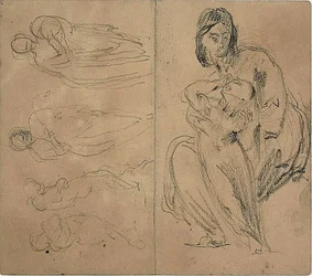 Esboços: Quatro figuras e mãe e filho sentados (frente); mãe e filho sentados (verso)
