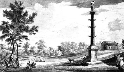 Vista do Monumento do Capitão Grenville ao Templo Grego, Jardins da Casa Stowe, gravada por George Bickham, 1753