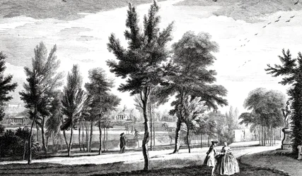 Uma visão dos campos Elysian da Primavera de Helicon, Stowe House Gardens, gravada por George Bickham, 1753