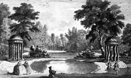 Uma vista da gruta e dois templos de concha, Stowe House Gardens, gravada por George Bickham, 1753