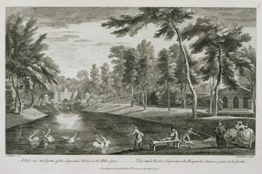 Vista da Gruta do Rio Serpentino no Alder Grove em Stowe, 1753, gravado por George Bickham